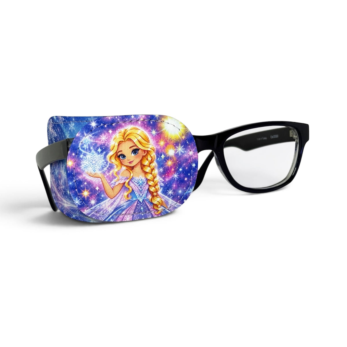 Princess eye patch for glasses with golden-haired princess holding a snowflake on starry winter background