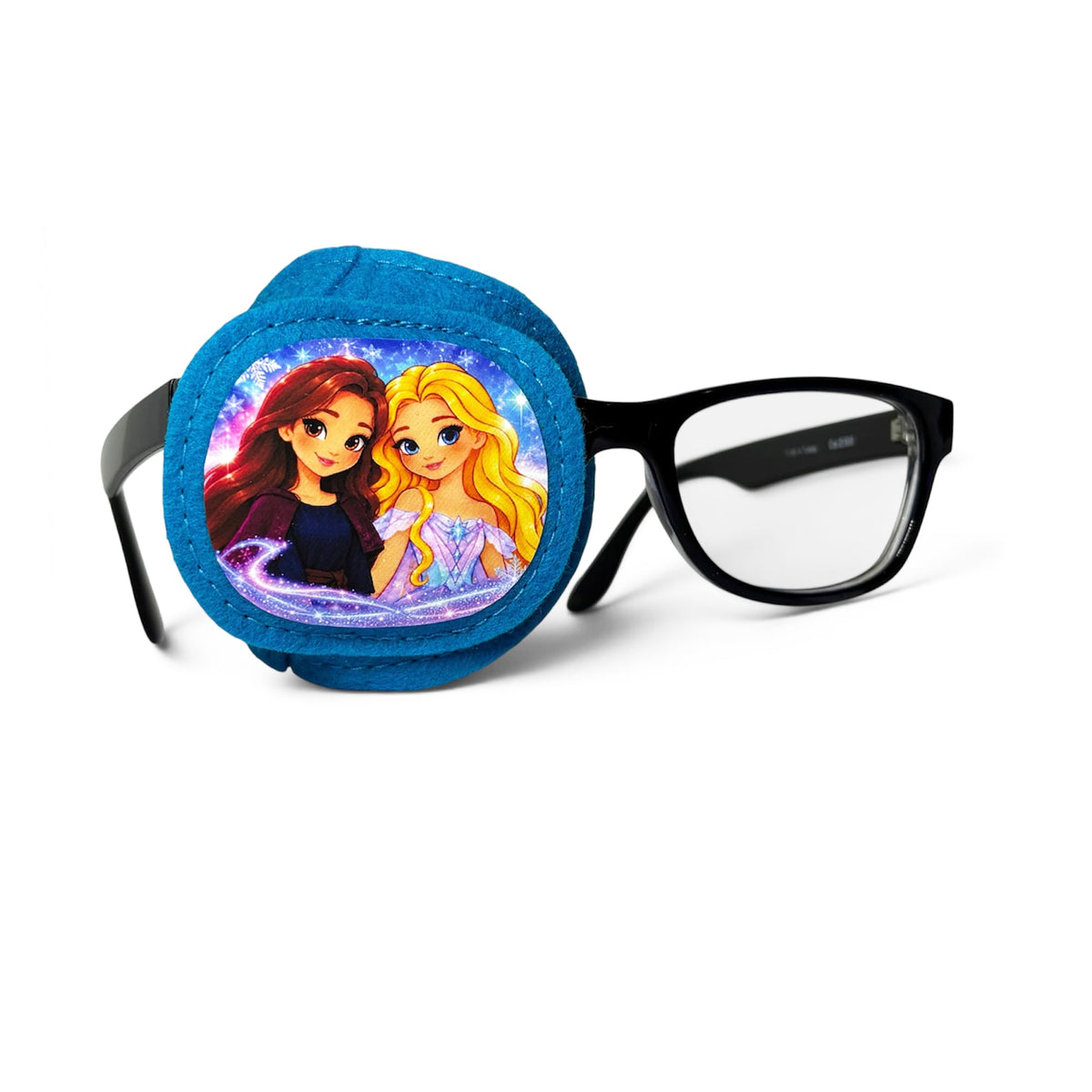 Blue wool felt eye patch with two smiling princesses on a purple sparkly background with snowflakes
