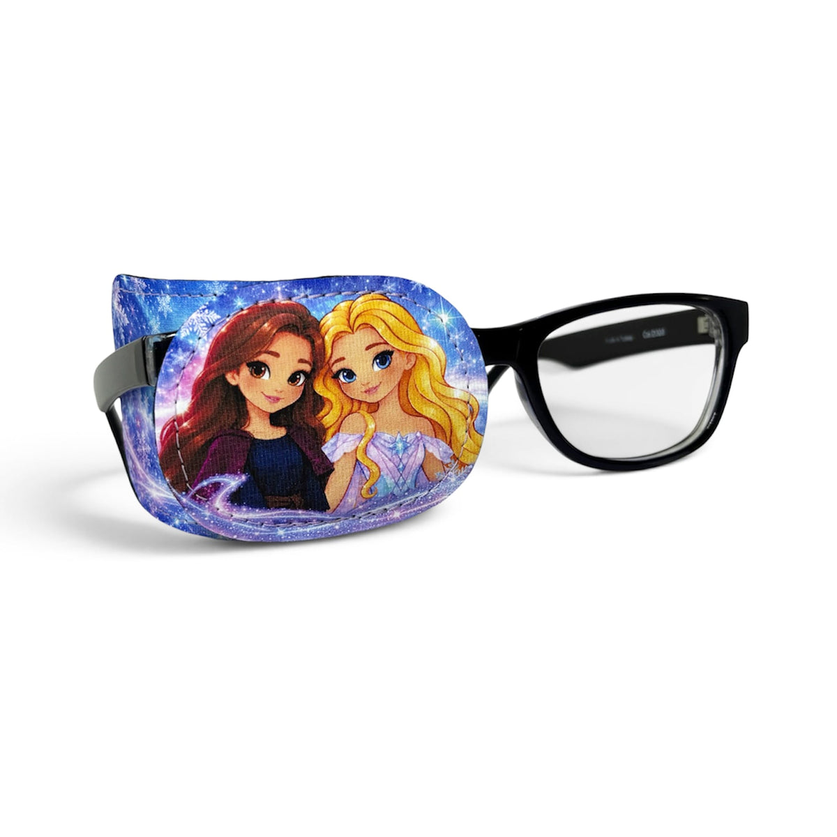 Two princesses on a blue winter background, slipped onto black glasses