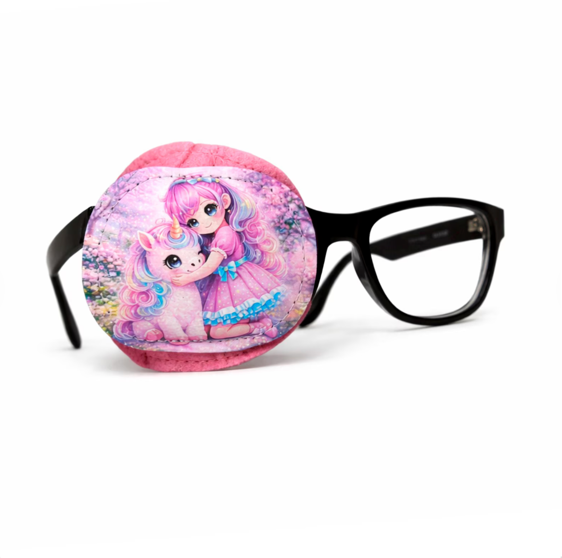 Unicorn Friends eye patch attached to glasses, full coverage design