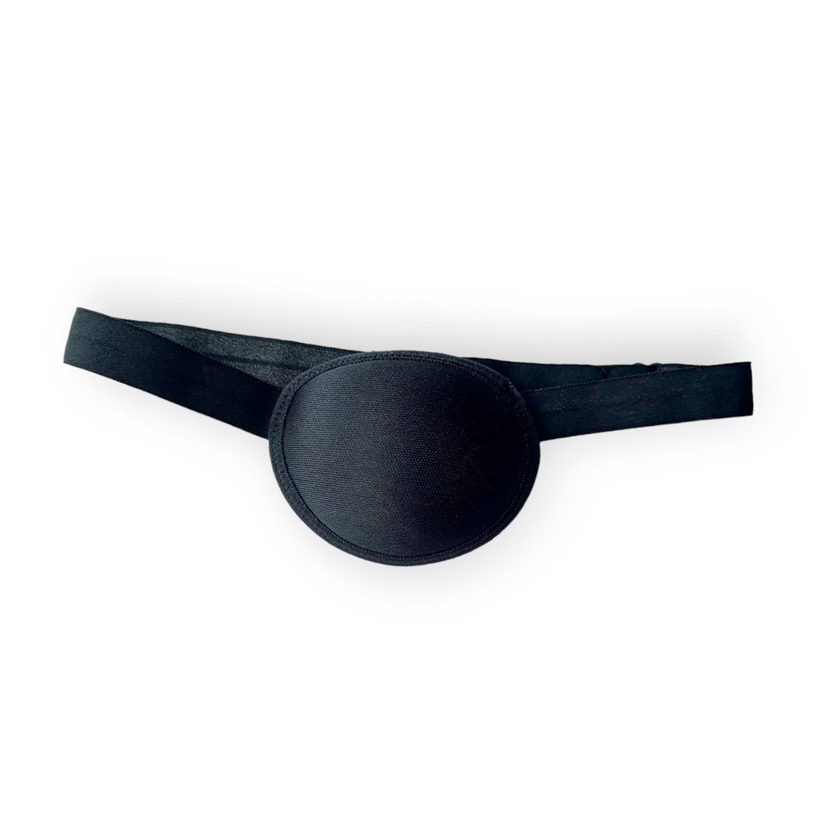 Solid black pirate eye patch with elastic strap, shown front and back