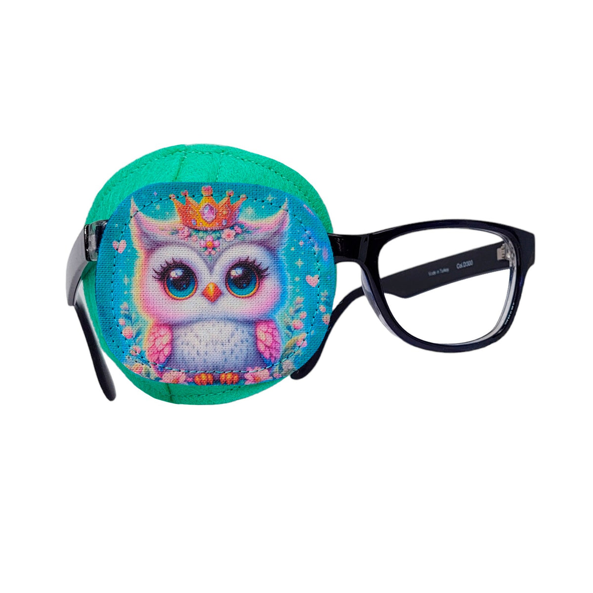 Rainbow crown owl eye patch on glasses with turquoise background and pink flowers