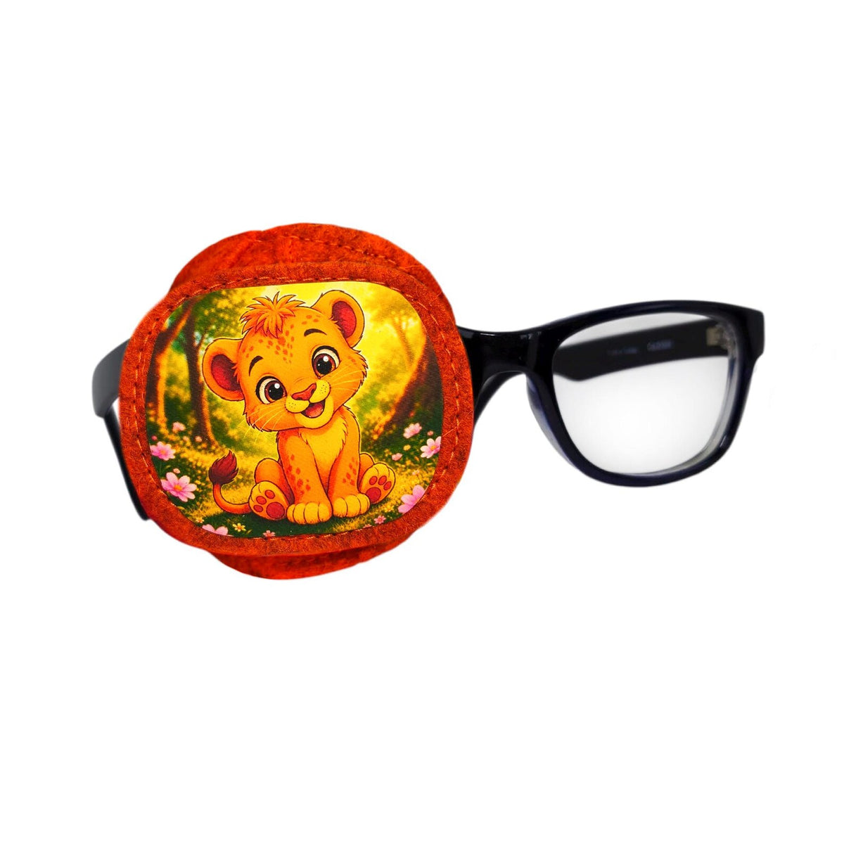 Orange lion cub surrounded by flowers on a full coverage eye patch for glasses