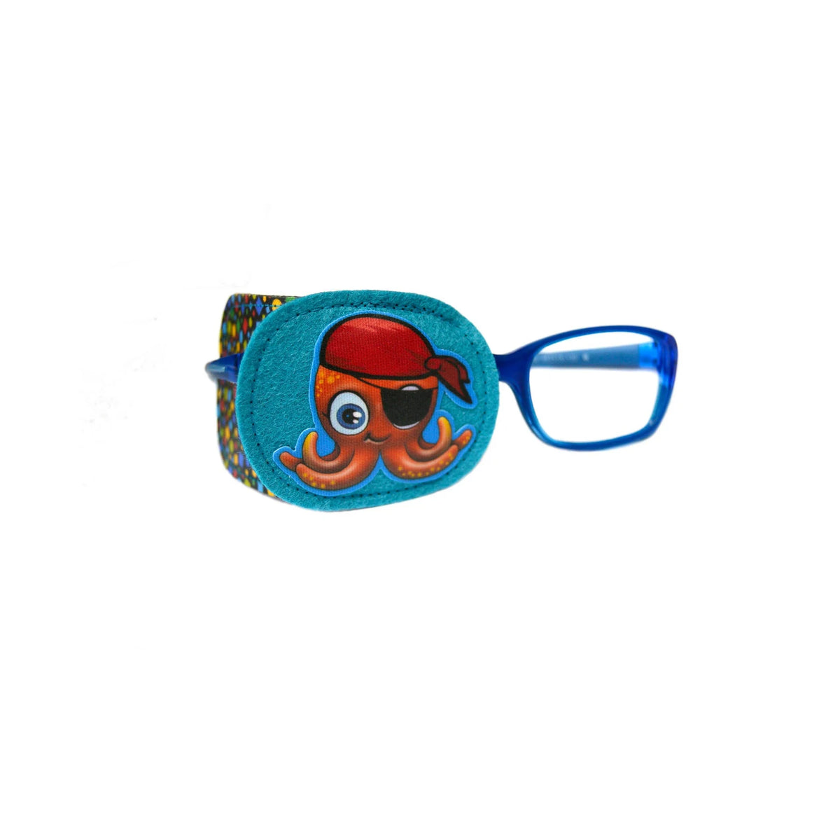 Turquoise eye patch with pirate octopus character wearing eye patch and red bandana, with colorful dot strap, shown on blue glasses