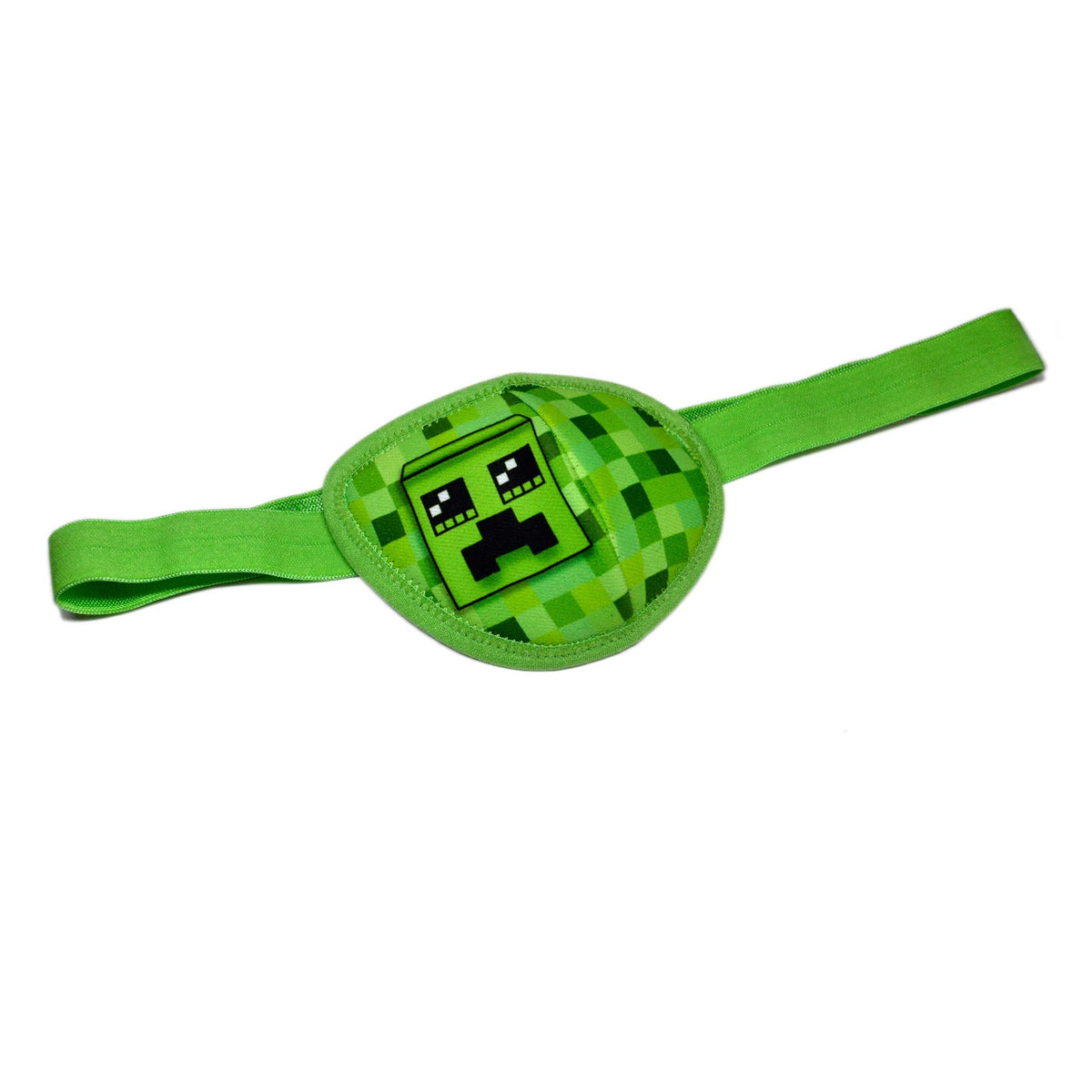 Green pirate eye patch with pixel-art creature face and checkered background