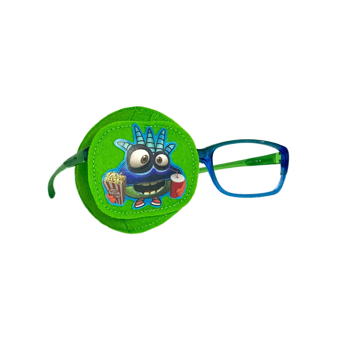 Green wool felt eye patch with a blue-horned monster holding popcorn and a drink cup