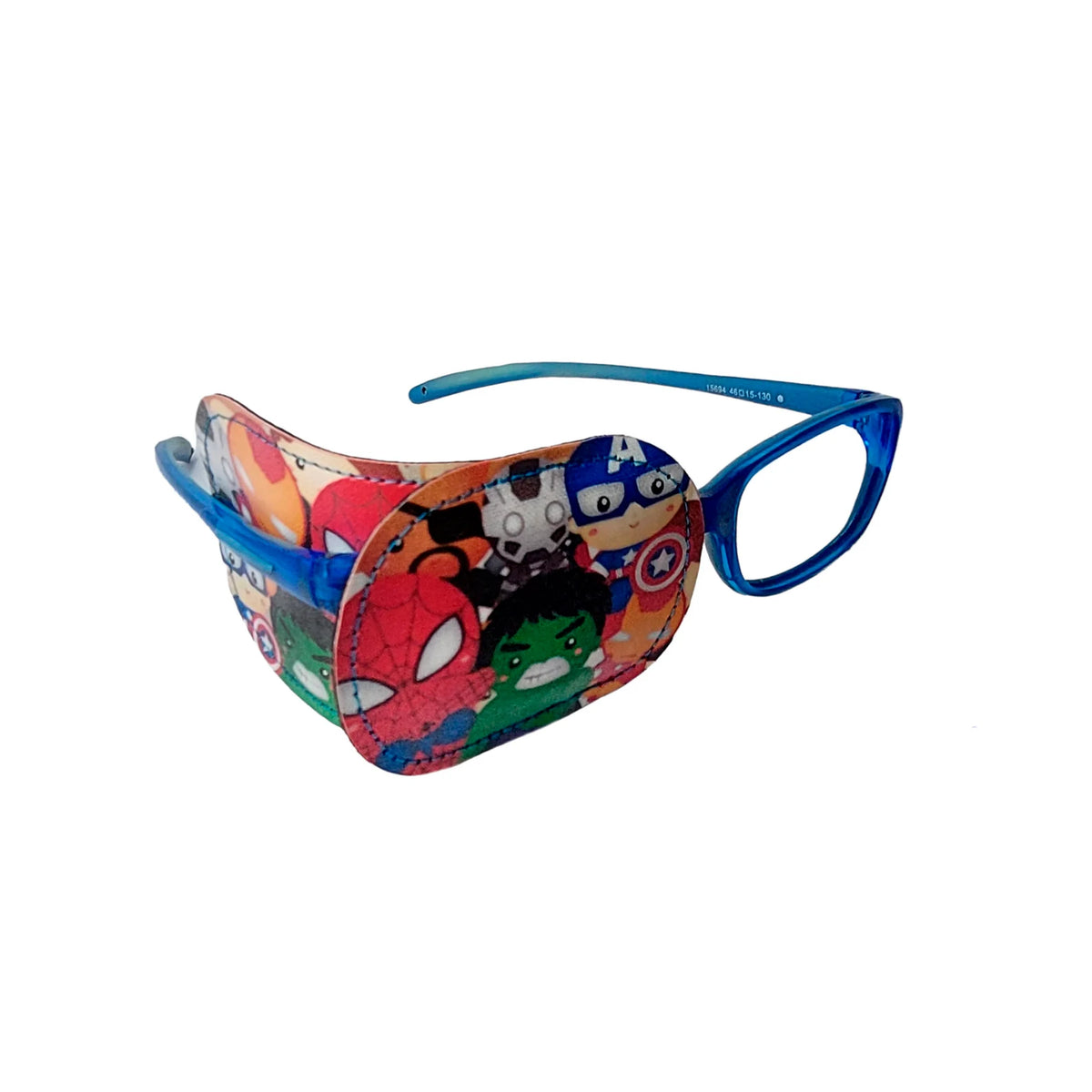 Superheroes eye patch for glasses with colorful masked characters and shield emblems