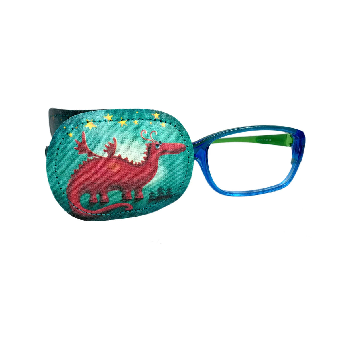 Red dragon eye patch for glasses with gold stars and crescent moon on teal background, shown on blue-framed glasses