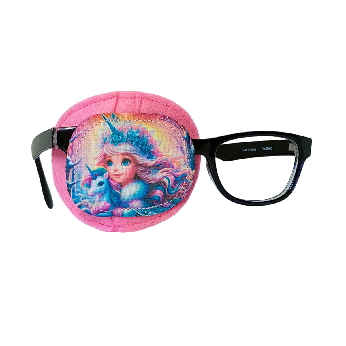 Pink full coverage eye patch with unicorn and princess design on black glasses frame