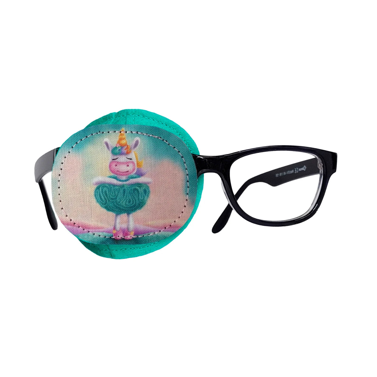 Full coverage eye patch for glasses with a cheerful unicorn design on a turquoise and pink background