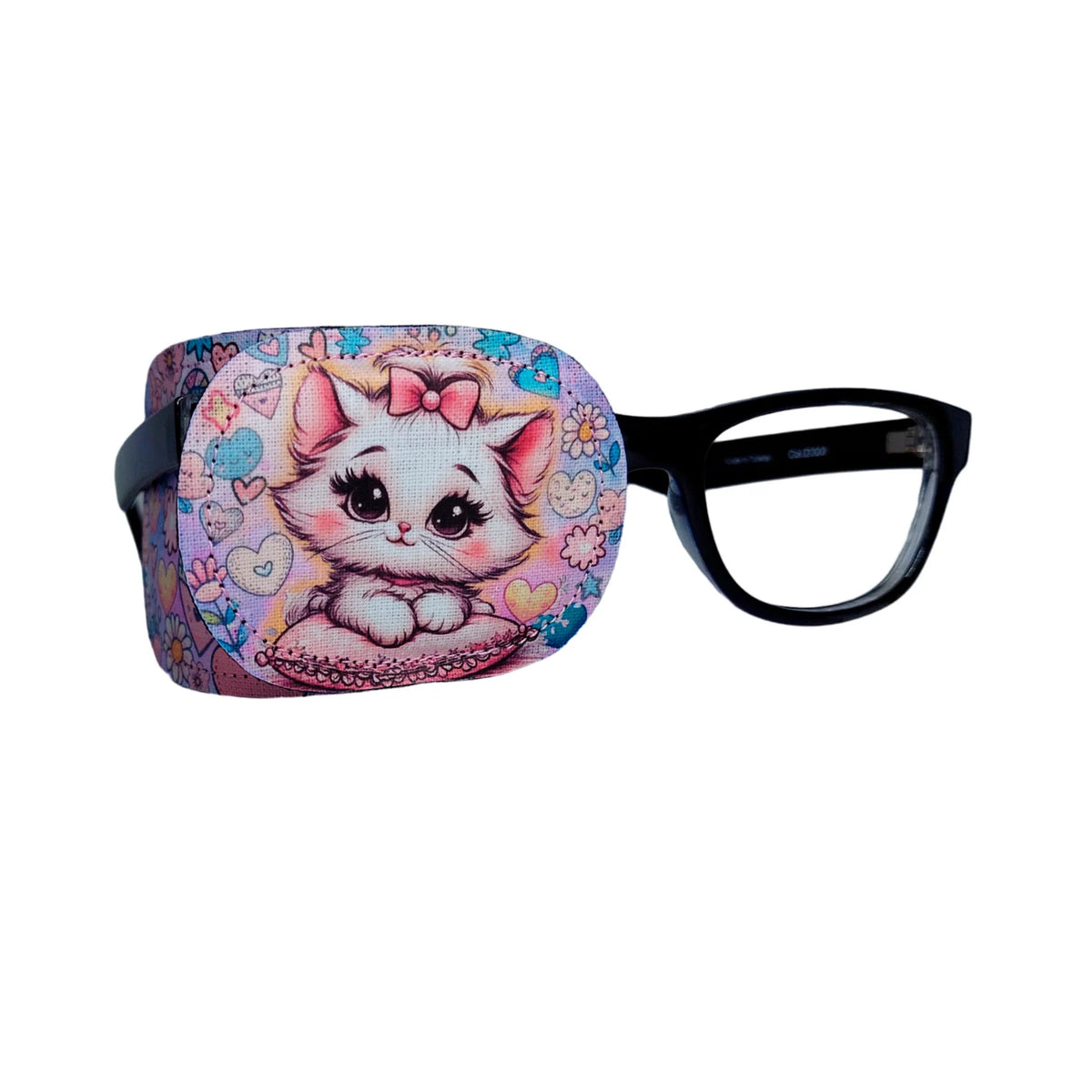 White cat with pink ears and sequined collar on lavender background with hearts and flowers