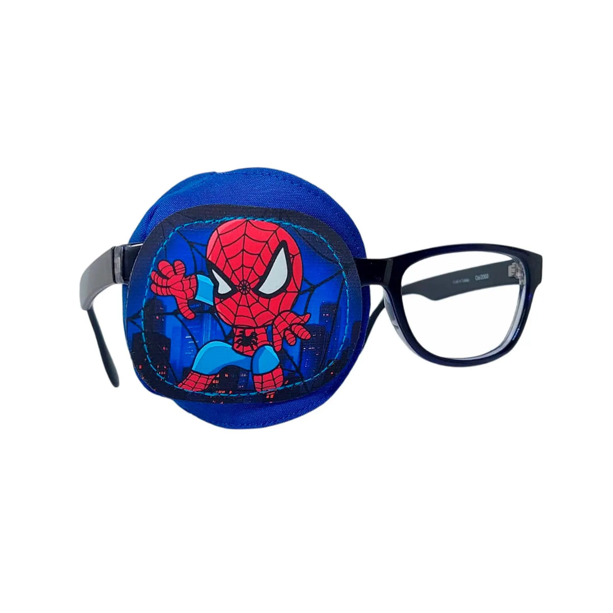 Blue full coverage eye patch for glasses with red spider hero design, worn on black-framed glasses