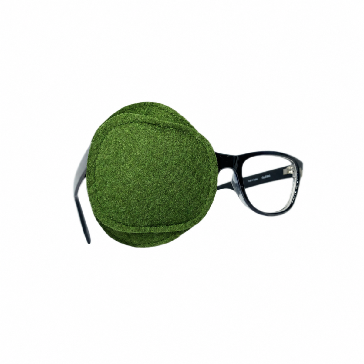 Solid green wool felt eye patch with folded seam detail on glasses