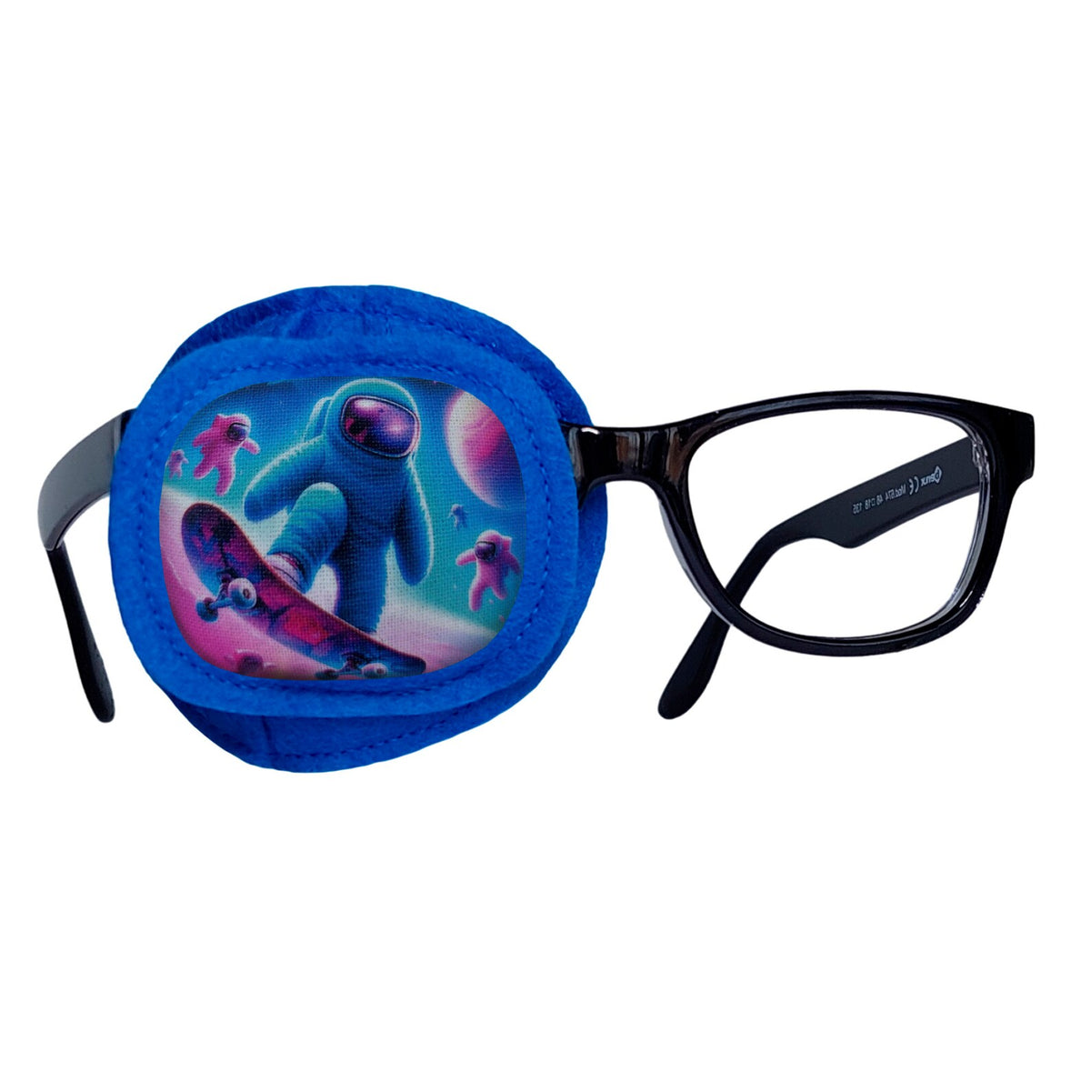 Blue wool felt eye patch with neon astronaut skateboarding through space scene, shown on glasses frame