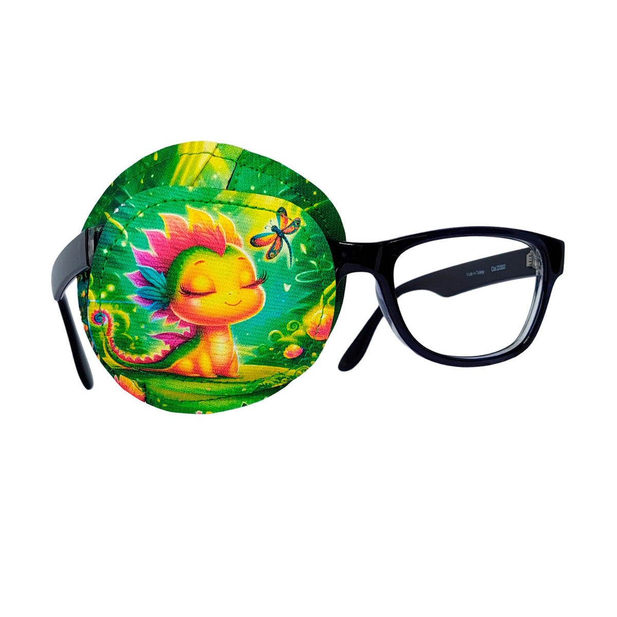 Full coverage eye patch for glasses with a colorful tropical dinosaur design, shown on black glasses frame