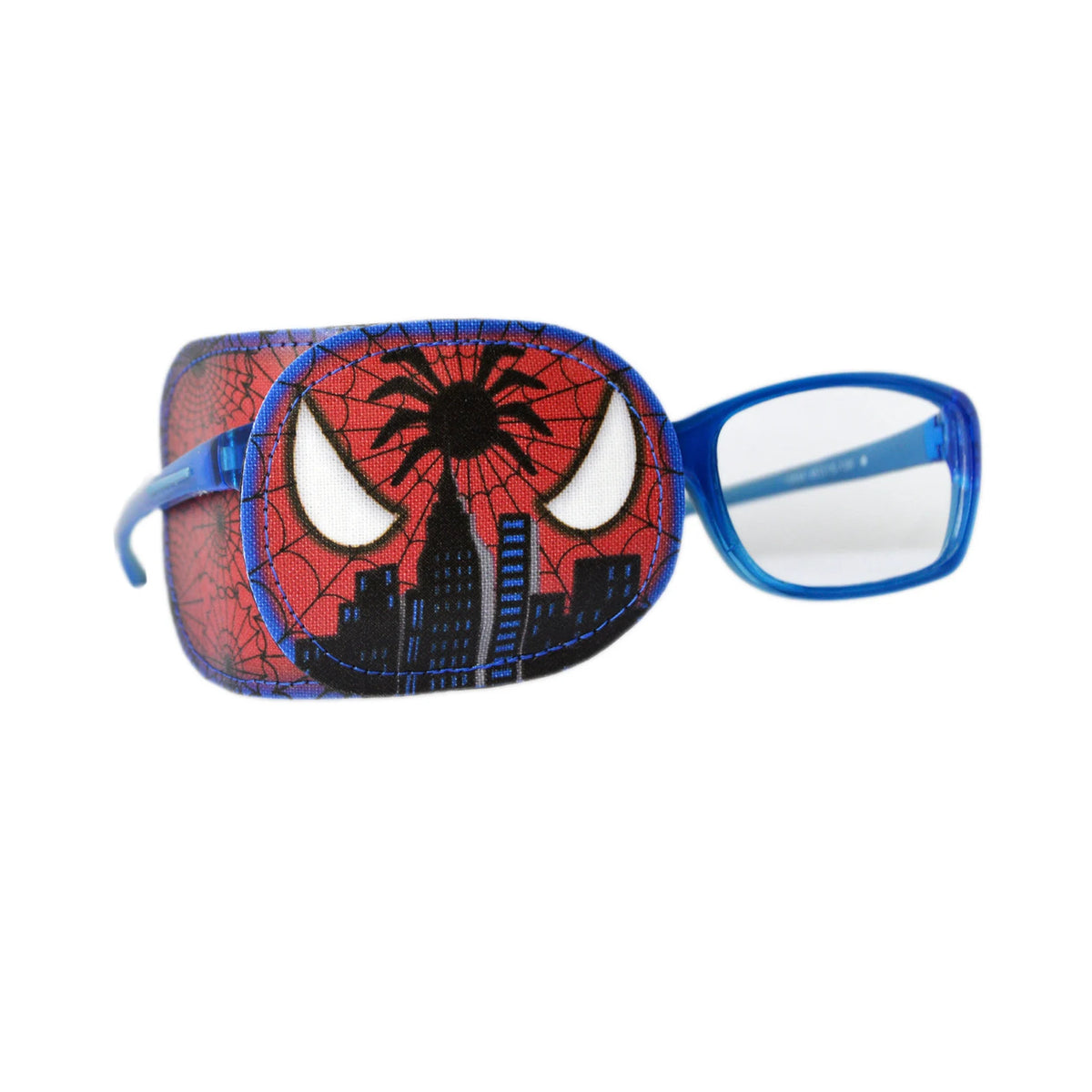 Red and blue superhero eye patch for glasses with white eyes and black city skyline, shown on blue glasses frame