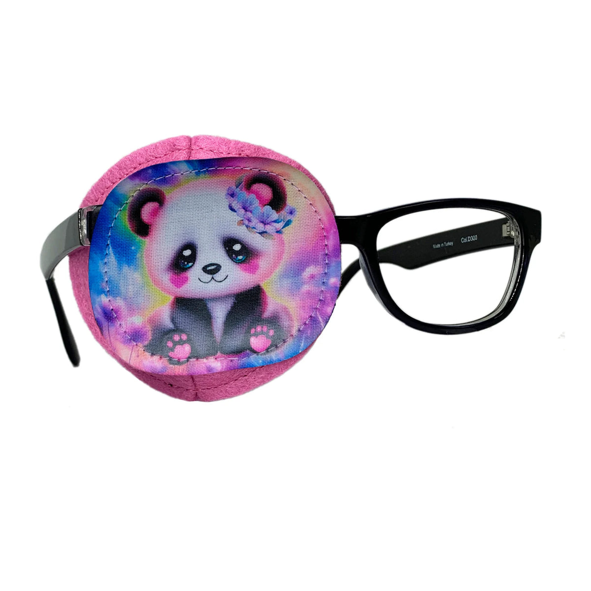 Rainbow panda eye patch for glasses with flower crown and pink paw pads on watercolor background