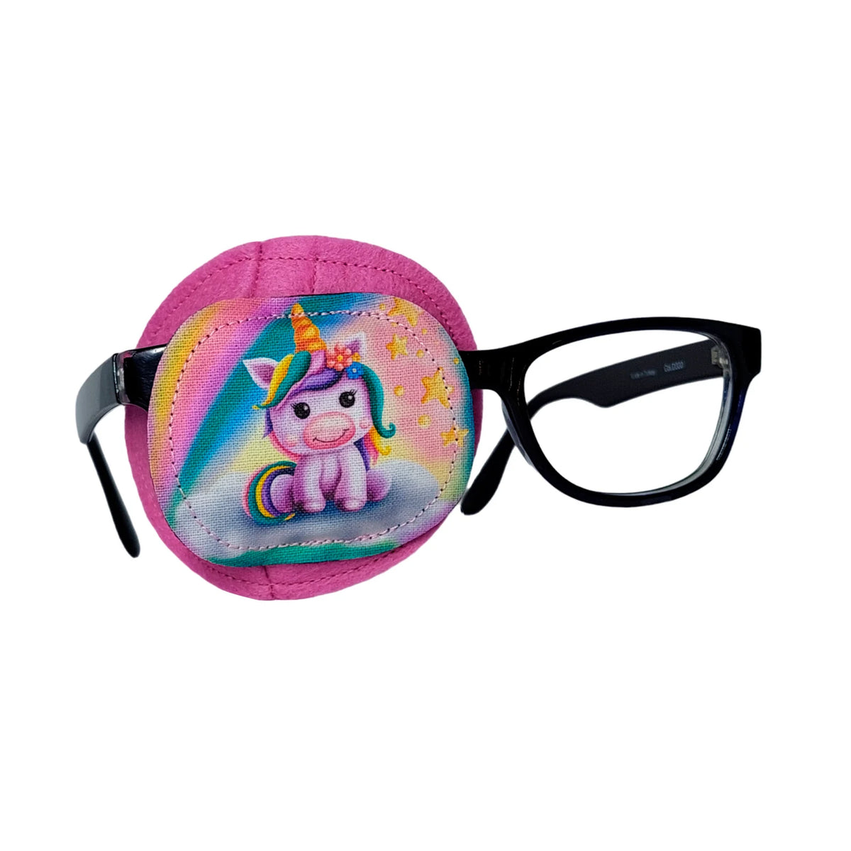 Pink wool felt eye patch with colorful unicorn design featuring rainbow mane and stars, shown on black glasses frame