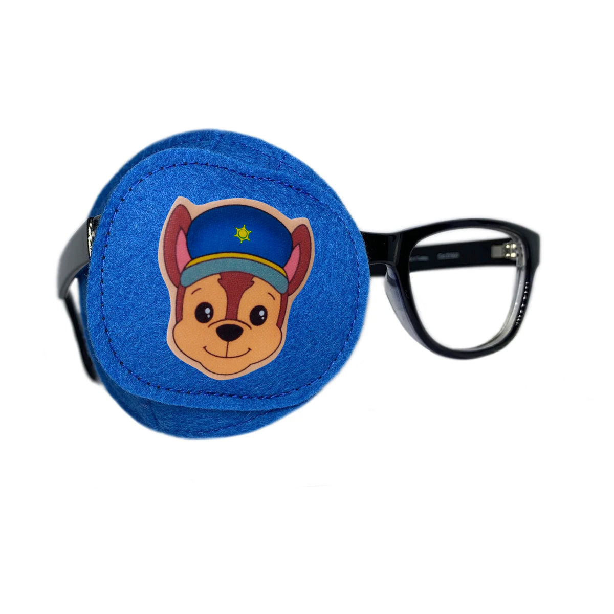 Bright blue wool felt eye patch with a smiling puppy wearing a captain's hat