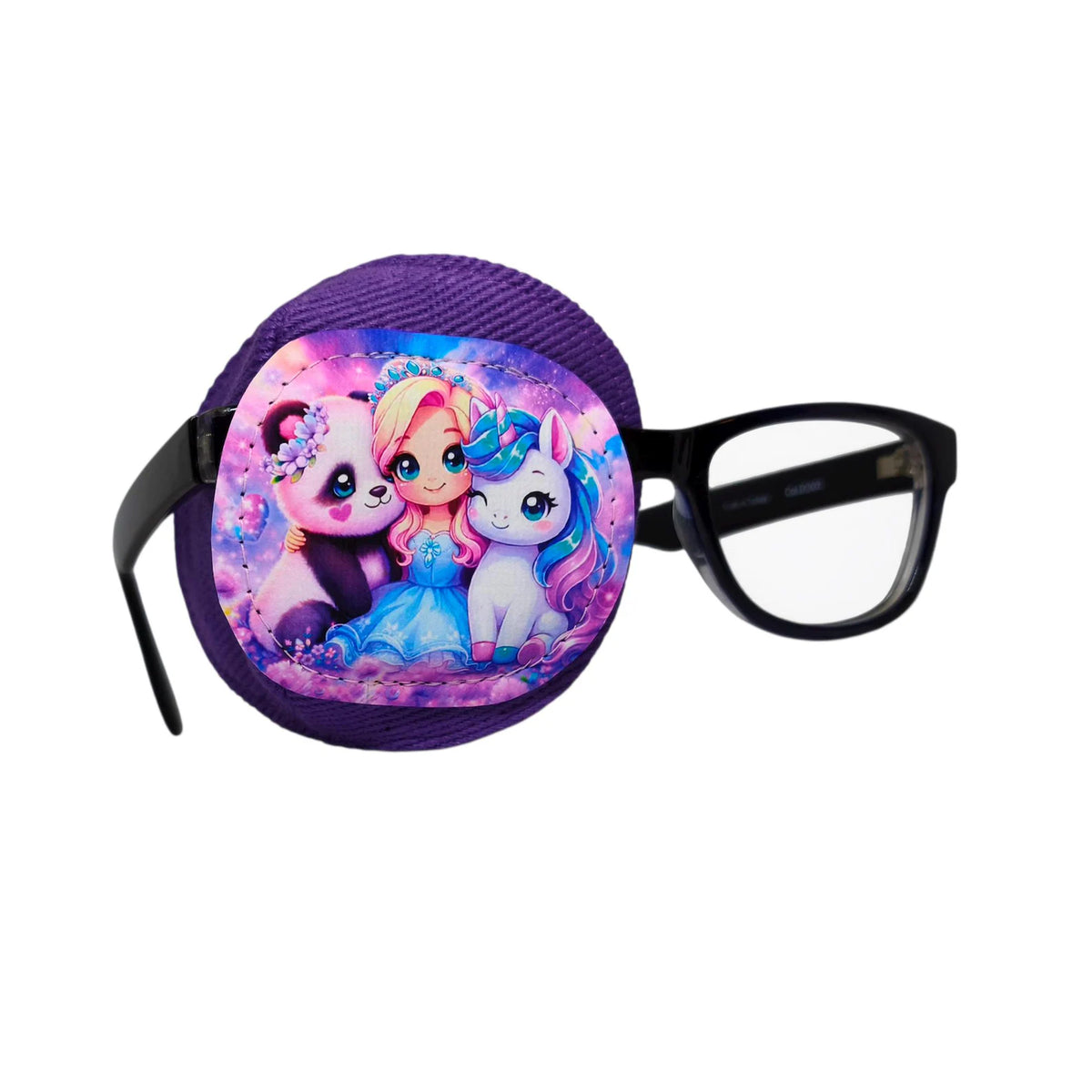 Purple full coverage eye patch on black glasses, showing a princess girl with pink hair, unicorn and panda in a pastel flower garden on pink and blue background