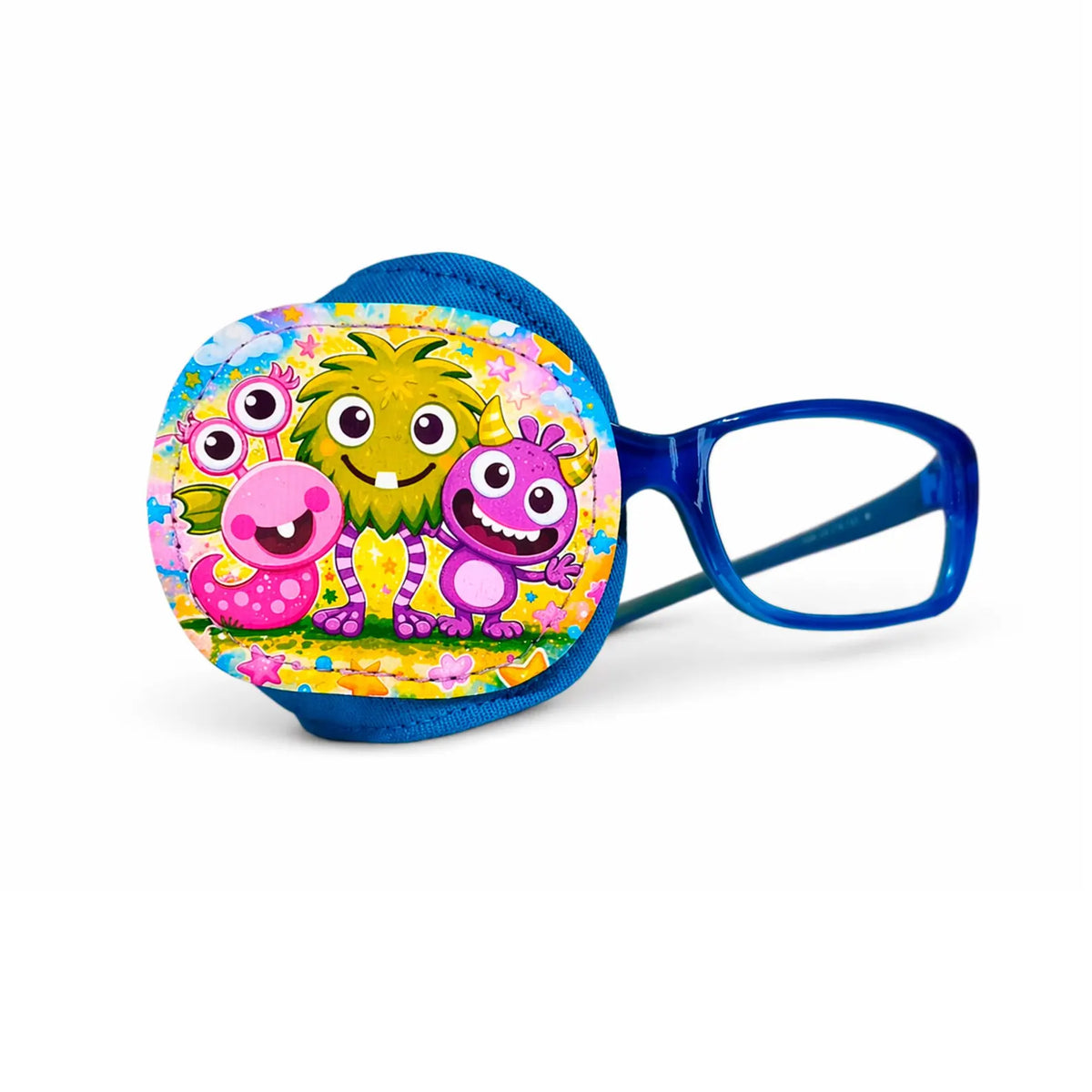 Blue cotton eye patch with three cartoon monsters and colorful flowers, shown on glasses and flat